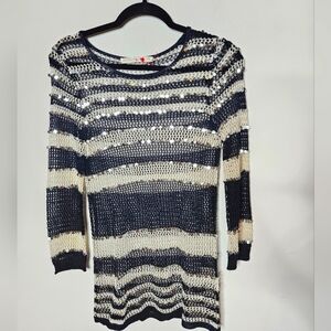 Boston Proper Striped Sequin Sweater Navy Cream Crochet‎ Knit Womens Small